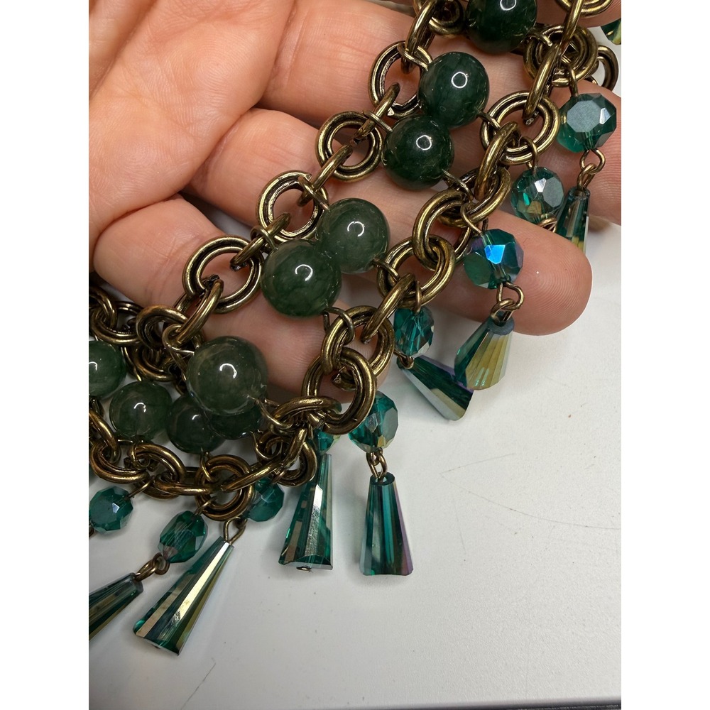 Antique Bronze Multi Strand Green Stone Teal Crystal Teardrop Bib Necklace